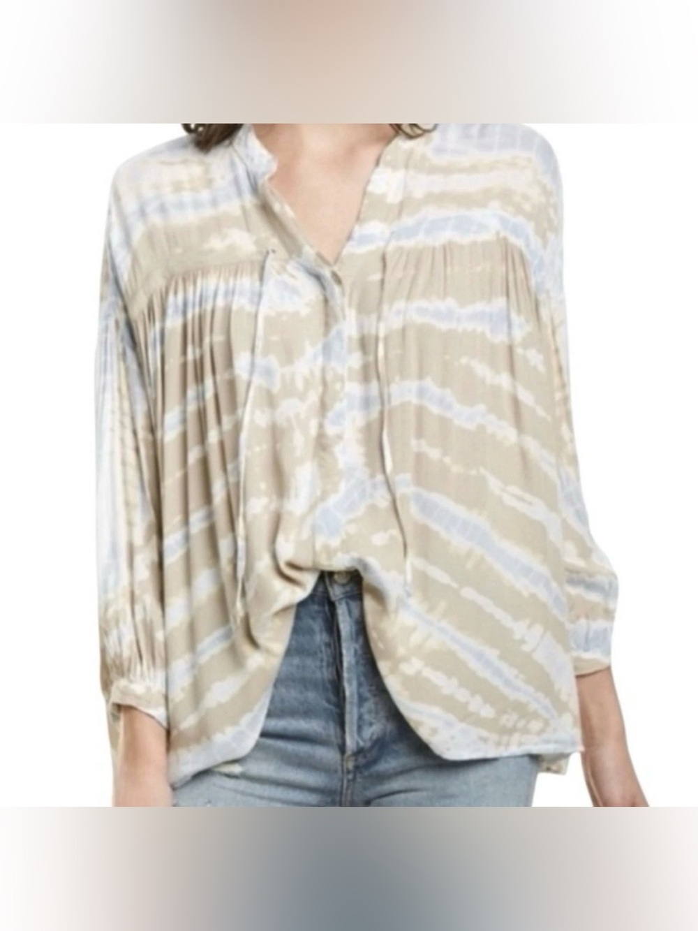 Young Fabulous & Broke Size L Beige Tie Dye Long Sleeve Peasant Blouse
